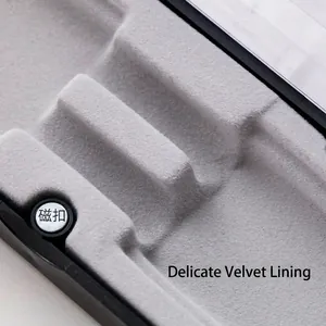 Close-up of flip-top magnetic pen box featuring premium gray velvet lining and magnetic closure.