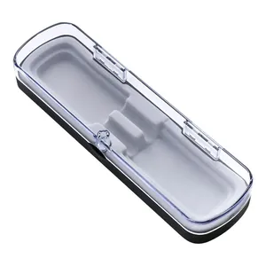 Transparent plastic gift pen box with elegant gray flocking interior tray for pens