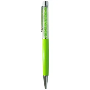 Elegant flat-top crystal ballpoint pen with green rhinestones and silver metal clip