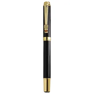 Elegant black metal rollerball pen with gold dragon head clip and red eyes.