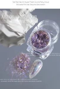 Macro view of iridescent aurora opal nail powder with sparkling purple and pink flakes