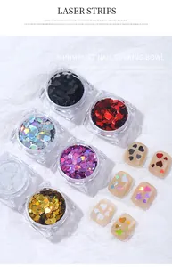 Holographic heart-shaped nail art sequins shown in jars and applied on nail tips