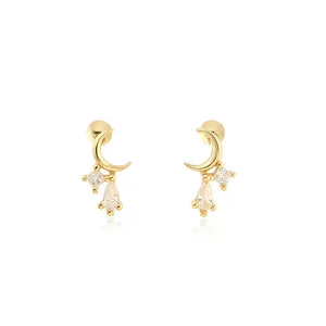 925 Sterling Silber Mond Stern Zirkonia Ohrstecker Zarte Schraubverschluss Ohrknochen Piercing Schmuck Für Damen