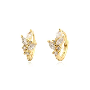 Boucles d'Oreilles Créoles en Argent Sterling 925 Feuille Zirconia pour Femmes Luxe Léger Or Argent Électroplaqué Bijoux