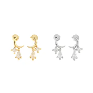 Elegante S925 Sterling Silber Sichelmond Ohrstecker mit funkelnden Zirkonia Anhängern