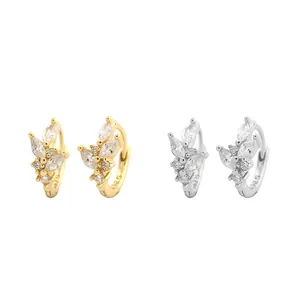Boucles d'oreilles créoles feuilles en argent S925 avec zircons marquise brillants