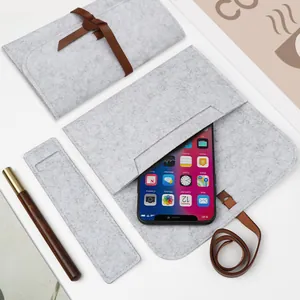 Minimalist grey felt pouch set with leather tie for fountain pens and accessories