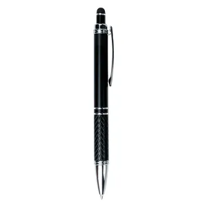 Schwarzer Druckkugelschreiber mit integriertem Touch-Stylus und silbernen Elementen