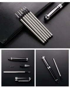 Detail view of premium 0.5mm metal rollerball pen refills and disassembled pen components