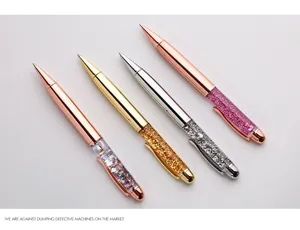 Detailed view of four colorful metal ballpoint pens with glitter quicksand design.