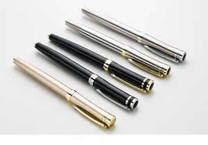 Detailed view of business metal gel pens in black, silver, and gold finishes.