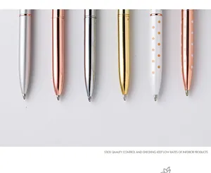 Close-up of various metal ballpoint pens showing different colors and pattern details