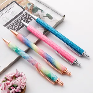 Retractable Metal Ballpoint Pen Creative Glitter Mermaid Scale Gradient Black Ink Pen For Office School Supplies Stationery Gift
