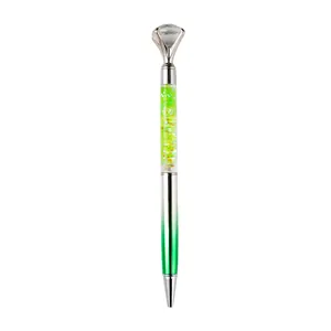 Large diamond topper liquid glitter ballpoint pen with green gradient metal barrel