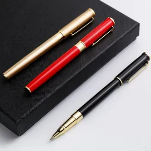 Elegant metal business rollerball pen set in gold, red, and black with gift box.