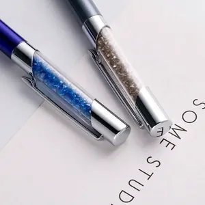 Stylos à bille élégants en métal avec remplissage de cristaux étincelants, bleu et argent