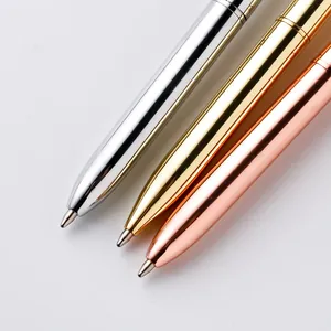 Three elegant rotating metal ballpoint pens in silver, gold, and rose gold finishes.