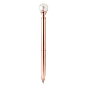 Elegant rose gold metal ballpoint pen topped with a large lustrous white pearl ornament