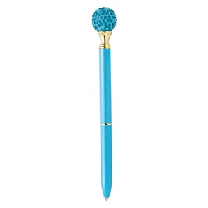 Elegante penna a sfera in metallo azzurro con decorazione a sfera di cristallo lucida
