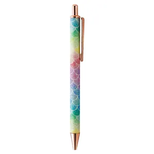 Rainbow glitter retractable ballpoint pen with rose gold metal accents