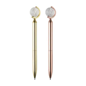 Elegant gold and rose gold metal ballpoint pens with globe topper decoration gift