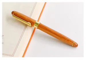 Elegant bamboo wood fountain pen with golden clip resting on an open notebook page