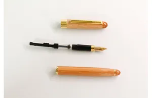 Detailed view of disassembled bamboo fountain pen with golden iridium nib and converter