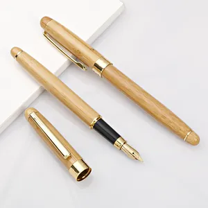 Natural Bamboo Wood Fountain Pen With Gold Metal Clip Iridium Nib Classic Business Gift Writing Pen For Office Students High Quality Stationery