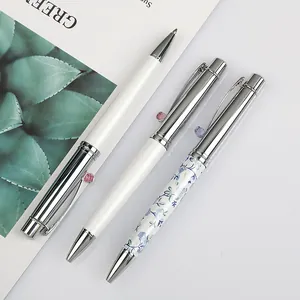 Elegant white and floral metal twist ballpoint pens with crystal gem clips for gifts