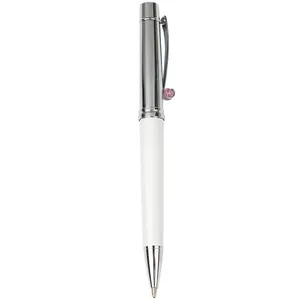 Elegant white and silver metal ballpoint pen with a pink crystal detail on the clip