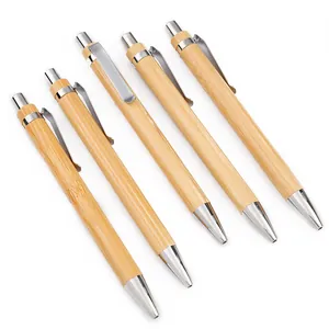 Set de bolígrafos retráctiles de bambú ecológicos con elegantes clips de metal plateado