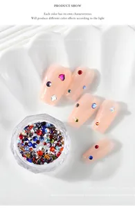Detailed macro view of colorful flatback crystals applied on decorative fake nails