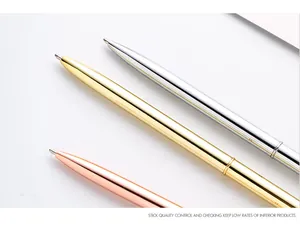 Macro detail of high-quality metallic ballpoint pens in gold silver and rose gold