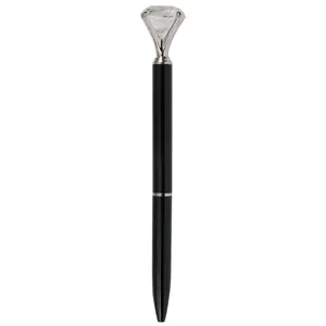 Elegante penna a sfera in metallo nero sormontata da un grande diamante di cristallo