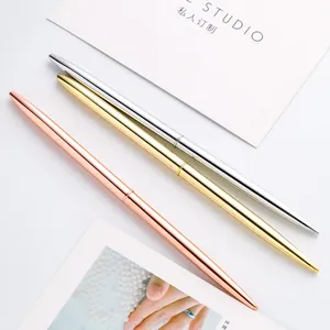 Set of three slim metallic ballpoint pens in elegant rose gold, gold, and silver finishes