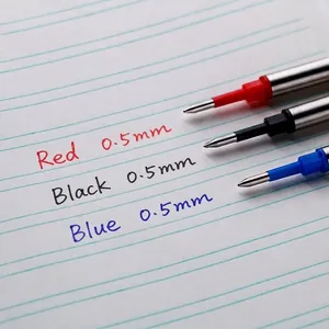 Set of three metal rollerball pen refills 0.5mm in red, black, and blue ink colors