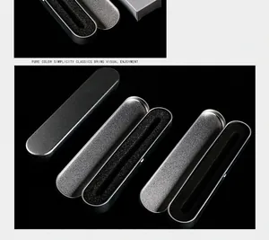 Detailed view of sleek metal tinplate stationery boxes with foam inserts.