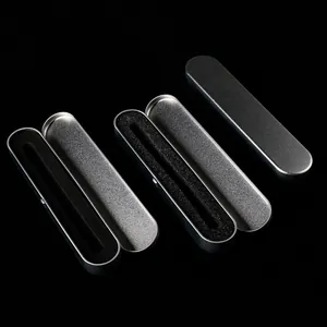 Premium rectangular silver metal tin pen box with protective black sponge insert for stationery
