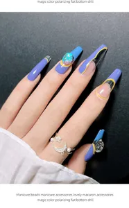 Close-up detail of magic color polarizing flat bottom drills on creative blue manicure nails