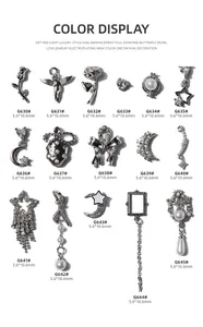 Detailed view of various silver nail art charms with pearls and zircons in different shapes