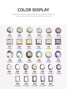 Variety of 3D nail art rhinestones in multiple shapes and colors for luxury manicure.