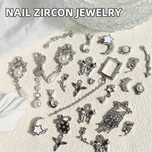 French Vintage Silver Nail Art Charms Rhinestone Artificial Pearl Bowknot Tassel Star Moon Angel Nail Jewelry DIY Decor