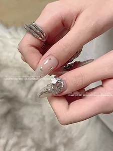 Elegant silver star and moon nail art jewelry with zircon and pearl accents