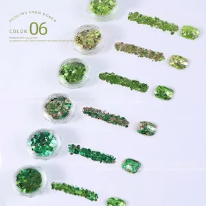 Set di 6 colori di paillettes per unghie verdi stile coreano per manicure estiva