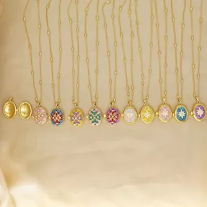 Vintage Oval Locket Necklace For Women Copper Electroplated Enamel Star Artificial Pearl Rhinestone Pendant Necklace Luxury Jewelry Gift