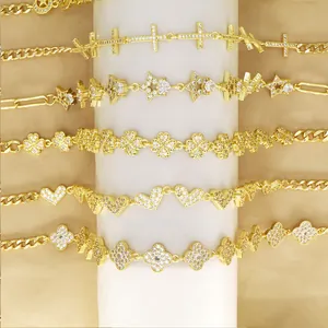 Luxury gold plated hip hop necklaces set with iced out heart star cross and clover charms