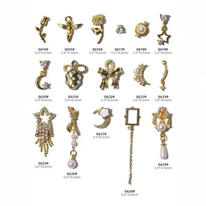 Variety set of gold nail art charms with pearls, stars, bows and tassels - 16 Styles