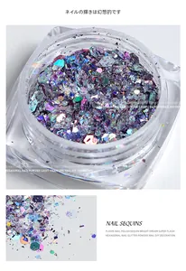 Macro detail of iridescent hexagonal nail sequins with a brilliant multi-color shine