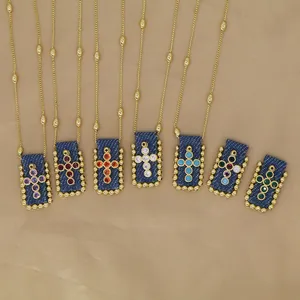 Collana Pendente Croce Bohémien Vintage Donna Tessuto Denim Rame Zirconia Placcato Oro Gioielli Regalo