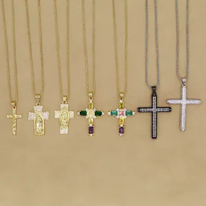 Hip Hop Iced Out Kreuz Anhänger Halskette Kupfer 18K Vergoldet Religiös Jesus Maria Strass Kette Halskette Für Damen Herren